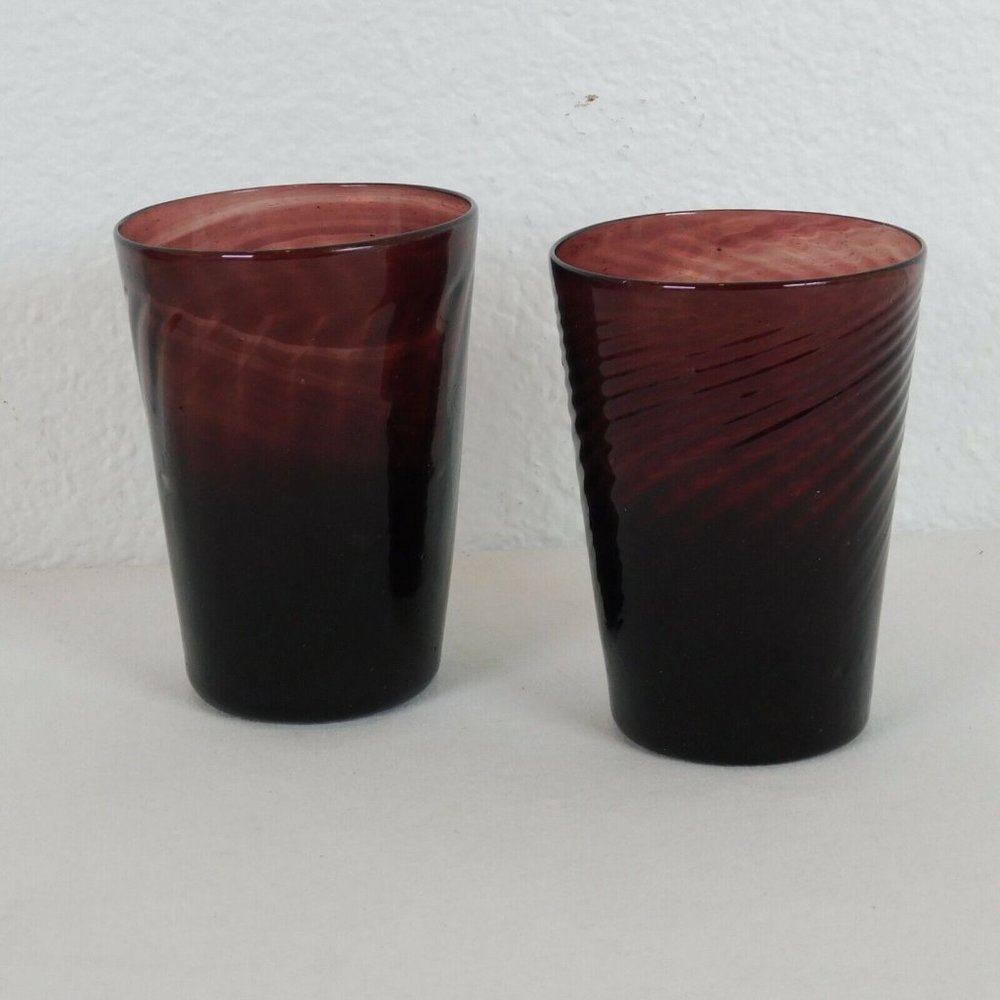 Lot of 2 Hand Blown Mismatched Purple Drinking Glasses 4.25 in tall 3 in dia